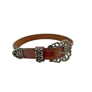 VINTAGE Linea Pelle Women's Brown Leather Belt Gorgeous Filigree Buckle SMALL